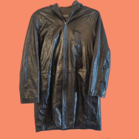 Tallia Uomo Mens Black Leather Hooded Trench Coat M Biker Matrix Goth Silent Bob